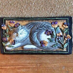 Handcrafted Colorful Cat Wall Art Sculpture Ceramic Tile Decor Floral Design